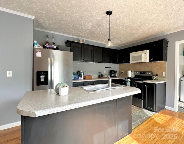 49 Perseverance Dr, Canton, NC 28716 - kitchen featuring appliances with stainless steel finishes, a sink, crown molding, light countertops, and light wood-type flooring