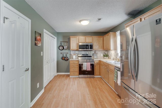 2023 E Park Dr, Lancaster, SC 29720 - kitchen with stainless steel appliances, light wood finished floors, light brown cabinetry, light countertops, and a textured ceiling