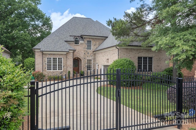 6132 Sharon Rd, Charlotte, NC 28210 - french country inspired facade featuring roof with shingles, an attached garage, driveway, brick siding, and a fenced front yard