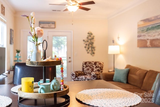 living area featuring ceiling fan and crown molding
