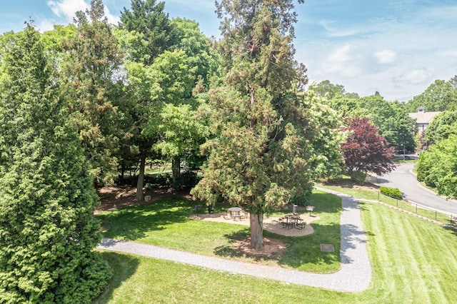 view of green lawn with an outdoor fire pit