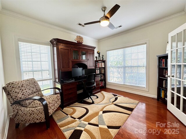 16012 Caranna Ct, Charlotte, NC 28277 - home office with healthy amount of natural light, ornamental molding, dark wood-style floors, a ceiling fan, and baseboards