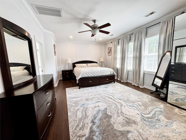 16012 Caranna Ct, Charlotte, NC 28277 - bedroom with dark wood-style flooring, ornamental molding, baseboards, and ceiling fan
