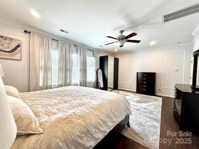 16012 Caranna Ct, Charlotte, NC 28277 - bedroom with crown molding, wood finished floors, recessed lighting, and a ceiling fan