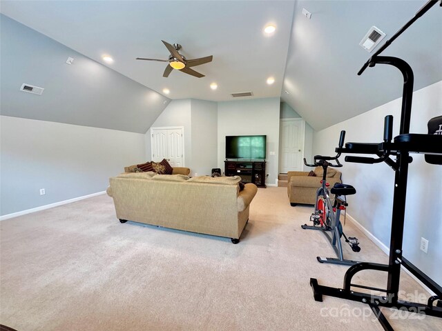 16012 Caranna Ct, Charlotte, NC 28277 - living room with ceiling fan, vaulted ceiling, light colored carpet, and baseboards