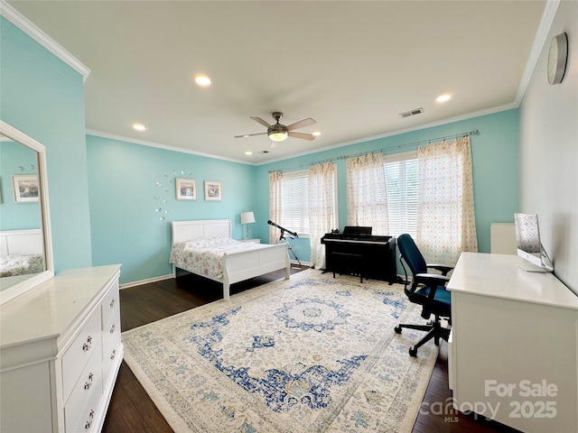 16012 Caranna Ct, Charlotte, NC 28277 - bedroom featuring crown molding, dark wood finished floors, recessed lighting, an office area, and baseboards