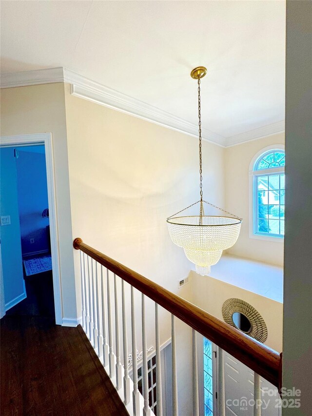 16012 Caranna Ct, Charlotte, NC 28277 - hall featuring crown molding, a chandelier, wood finished floors, an upstairs landing, and baseboards
