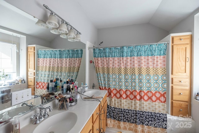 445 Sand Hill Rd Unit 1-6, Asheville, NC 28806 - bathroom featuring vaulted ceiling, vanity, and a shower with curtain