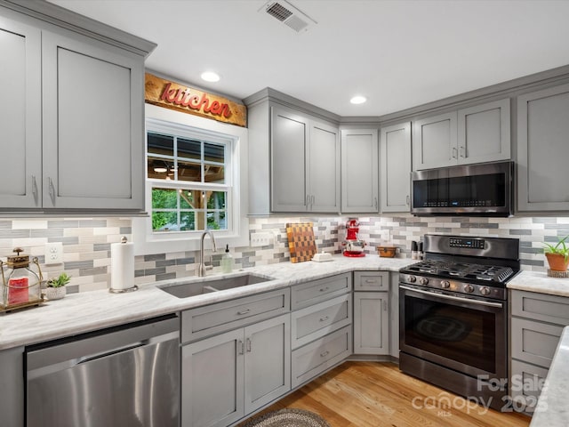 107 Pressley St, Clover, SC 29710 - kitchen with appliances with stainless steel finishes, a sink, gray cabinetry, and decorative backsplash