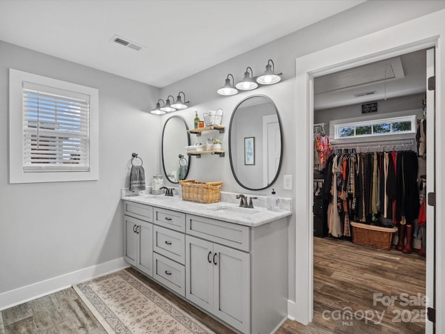 107 Pressley St, Clover, SC 29710 - bathroom with wood finished floors, double vanity, baseboards, and a walk in closet