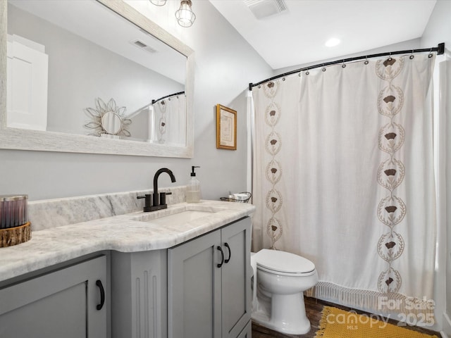107 Pressley St, Clover, SC 29710 - full bathroom featuring toilet, vanity, wood finished floors, and a shower with curtain