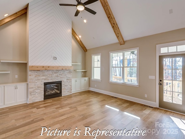 3439 Stags Leap Way, York, SC 29745 - unfurnished living room featuring plenty of natural light, light wood-type flooring, ceiling fan, high vaulted ceiling, and beamed ceiling