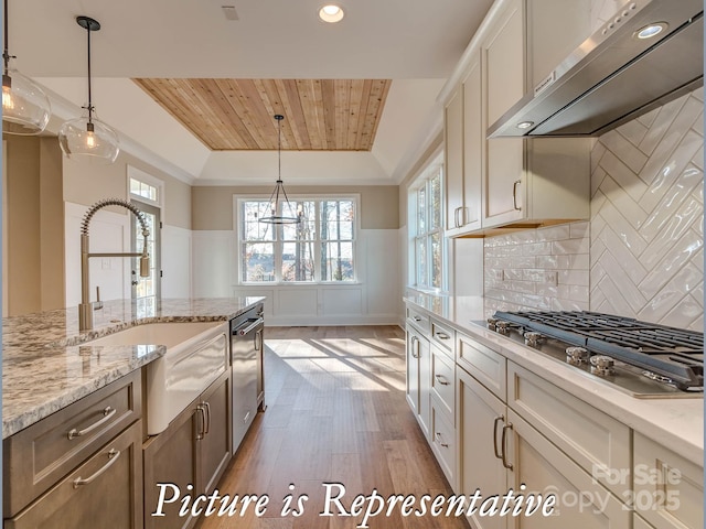 3439 Stags Leap Way, York, SC 29745 - kitchen featuring ventilation hood, stainless steel appliances, wood ceiling, dark wood finished floors, and a decorative wall