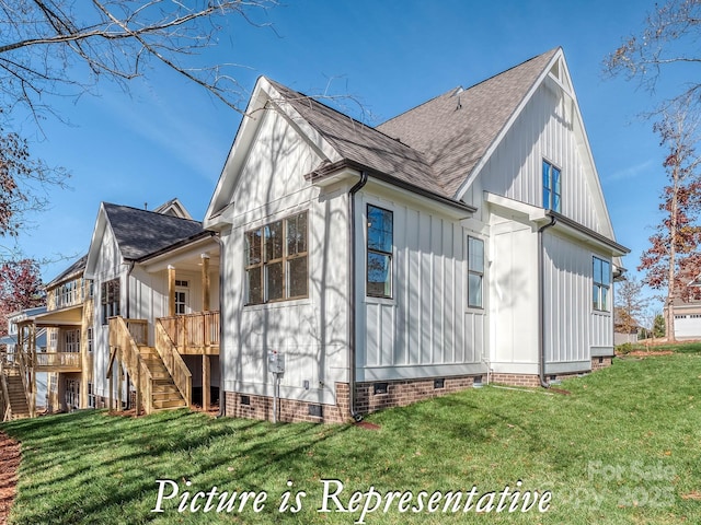 3439 Stags Leap Way, York, SC 29745 - view of home's exterior featuring crawl space, stairway, roof with shingles, and a lawn