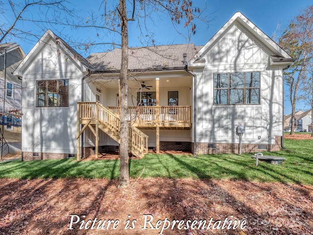 3439 Stags Leap Way, York, SC 29745 - rear view of property featuring crawl space, ceiling fan, stairway, a lawn, and covered porch