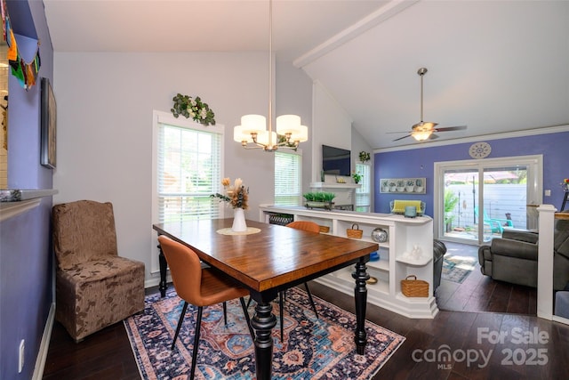 9239 N Vicksburg Park Ct, Charlotte, NC 28210 - dining area with wood finished floors, healthy amount of natural light, ceiling fan, a chandelier, and high vaulted ceiling