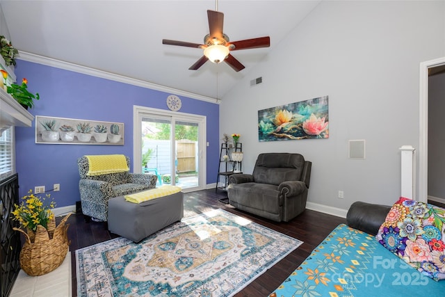 9239 N Vicksburg Park Ct, Charlotte, NC 28210 - living room with ceiling fan, lofted ceiling, baseboards, ornamental molding, and wood finished floors