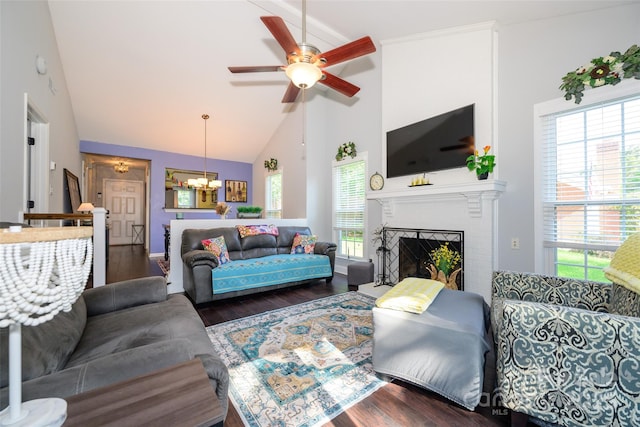 9239 N Vicksburg Park Ct, Charlotte, NC 28210 - living room with a chandelier, high vaulted ceiling, plenty of natural light, and wood finished floors