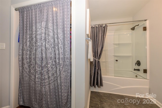 9239 N Vicksburg Park Ct, Charlotte, NC 28210 - full bathroom with shower / bath combination with curtain and baseboards