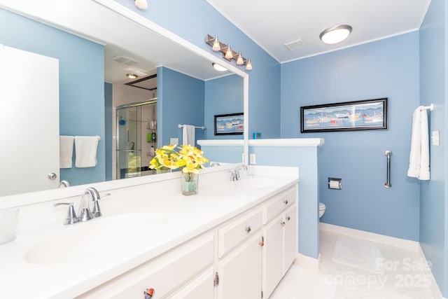 6119 Bittersweet Ln, Charlotte, NC 28270 - full bathroom featuring a shower stall, toilet, double vanity, baseboards, and tile patterned floors