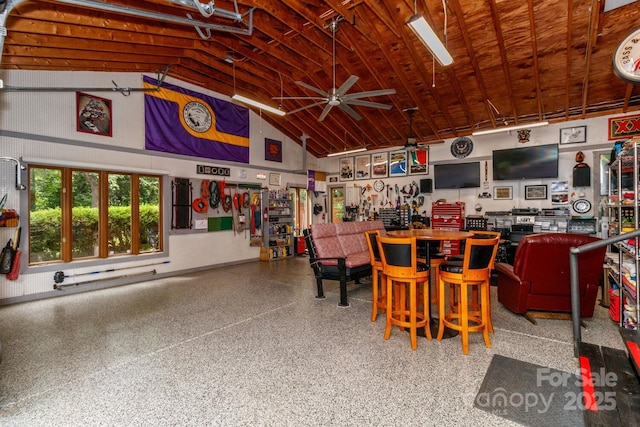 6119 Bittersweet Ln, Charlotte, NC 28270 - misc room with high vaulted ceiling, speckle patterned floor, and ceiling fan