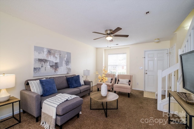 15042 Deshler Ct, Charlotte, NC 28273 - living area with carpet flooring, ceiling fan, stairway, and baseboards