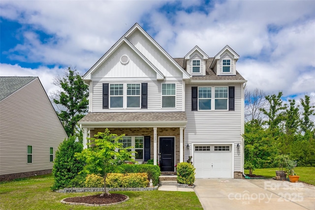 922 Bunker Trce, Rock Hill, SC 29730 - view of front of house featuring a shingled roof, a front lawn, a garage, driveway, and board and batten siding
