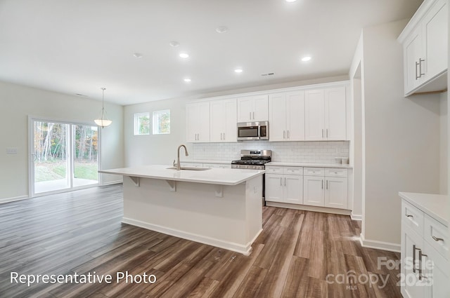 kitchen featuring stainless steel appliances, wood finished floors, a sink, decorative backsplash, and white cabinetry