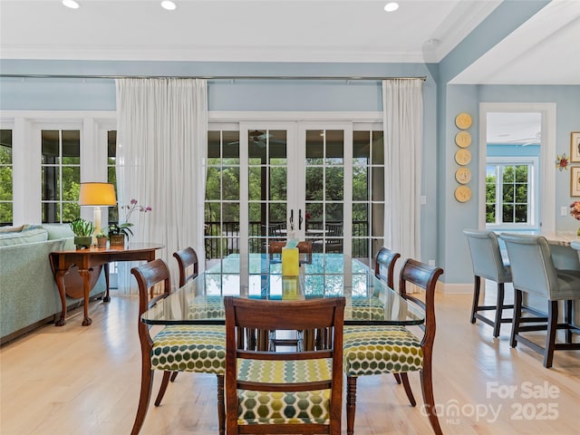 63 Chantilly Dr, Asheville, NC 28804 - dining space featuring french doors, recessed lighting, light wood-style flooring, baseboards, and crown molding