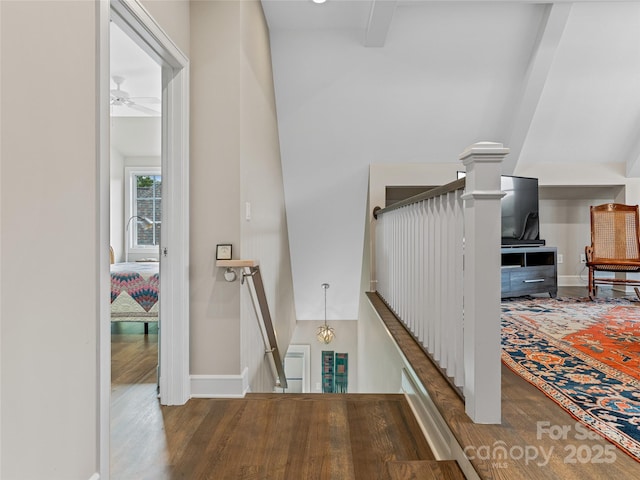 63 Chantilly Dr, Asheville, NC 28804 - staircase with wood finished floors, a ceiling fan, and baseboards