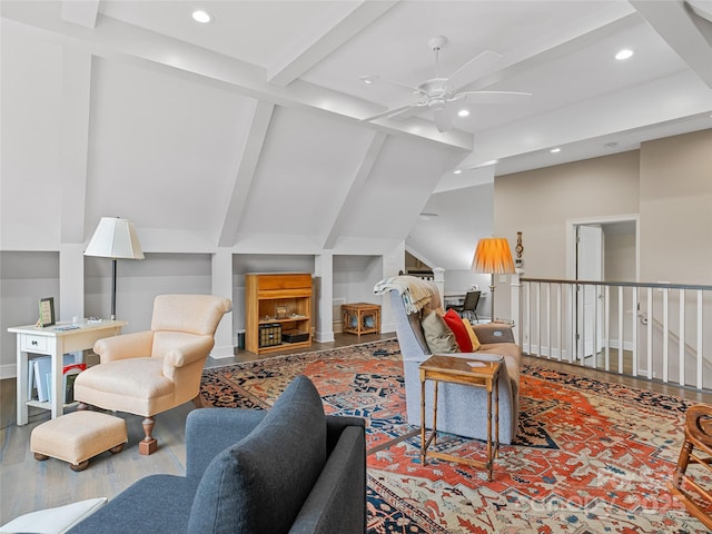 63 Chantilly Dr, Asheville, NC 28804 - living room with ceiling fan, beam ceiling, recessed lighting, and wood finished floors