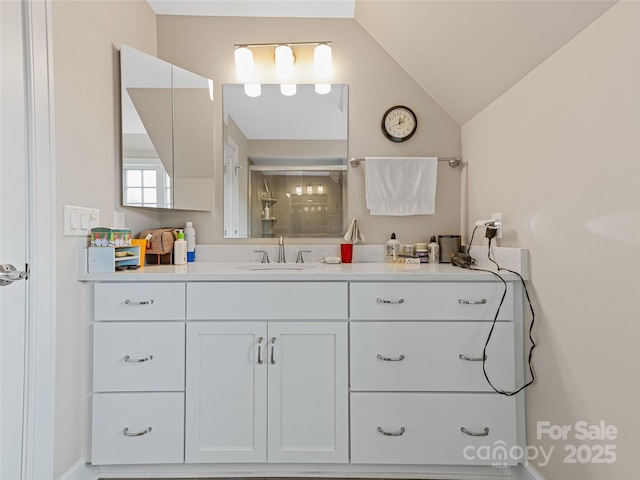 63 Chantilly Dr, Asheville, NC 28804 - full bath with vanity, a shower with shower door, and lofted ceiling
