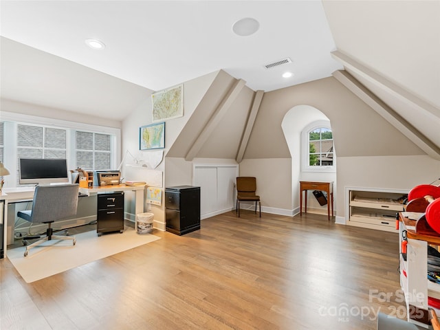 63 Chantilly Dr, Asheville, NC 28804 - office area featuring vaulted ceiling, wood finished floors, baseboards, and recessed lighting