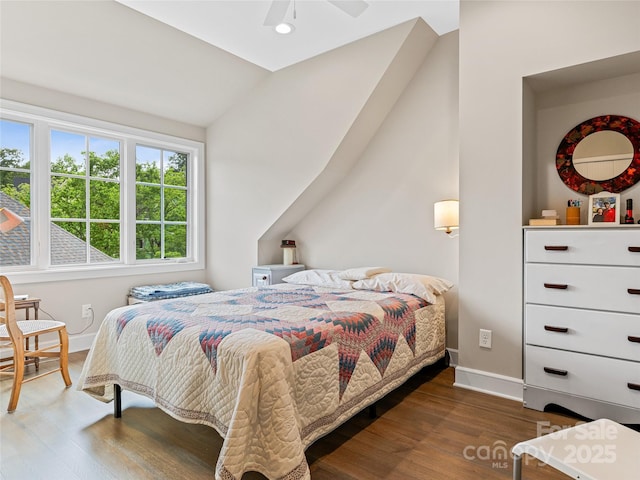 63 Chantilly Dr, Asheville, NC 28804 - bedroom with baseboards, wood finished floors, lofted ceiling, recessed lighting, and ceiling fan
