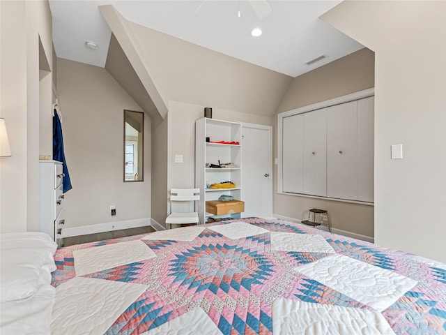63 Chantilly Dr, Asheville, NC 28804 - bedroom featuring vaulted ceiling, baseboards, a ceiling fan, recessed lighting, and wood finished floors