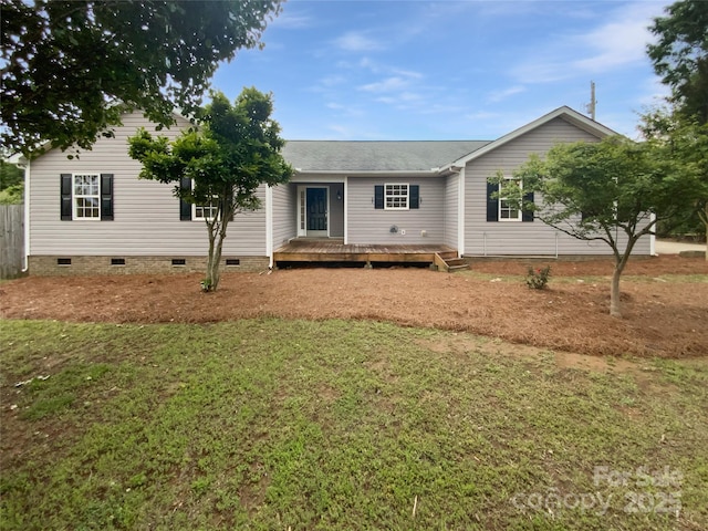 7308 Pleasant Hill Church Rd, Marshville, NC 28103 - ranch-style house featuring crawl space, a front lawn, a wooden deck, and a shingled roof