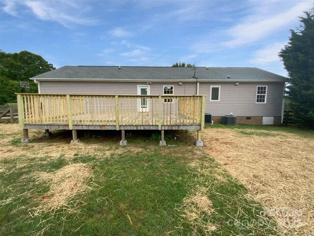 7308 Pleasant Hill Church Rd, Marshville, NC 28103 - back of property featuring central AC unit, a wooden deck, crawl space, and roof with shingles