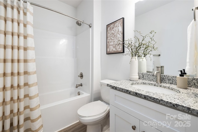6 Bridge St, Lowell, NC 28098 - bathroom featuring toilet, shower / bathtub combination with curtain, vanity, and wood finished floors