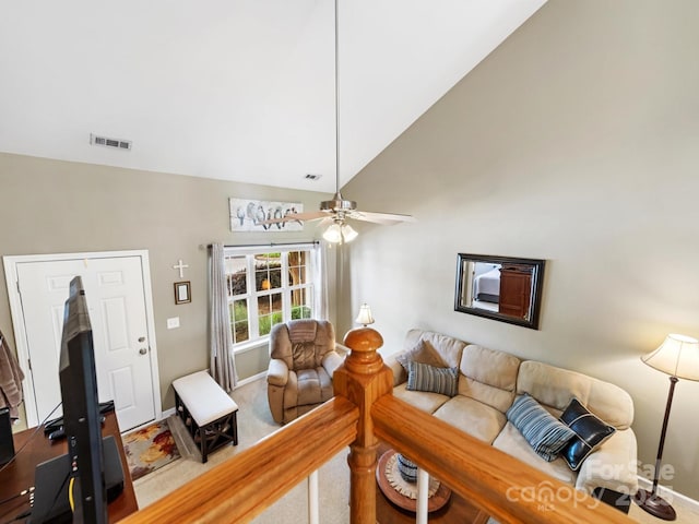 3446 Broadwick St, Charlotte, NC 28213 - living room with vaulted ceiling, a ceiling fan, carpet floors, and baseboards