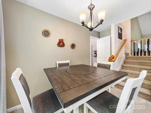 3446 Broadwick St, Charlotte, NC 28213 - carpeted dining area featuring a chandelier, stairs, and baseboards