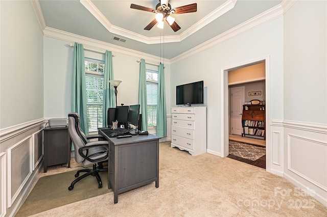 4018 Harmattan Dr, Denver, NC 28037 - office area with ornamental molding, light colored carpet, ceiling fan, wainscoting, and a raised ceiling