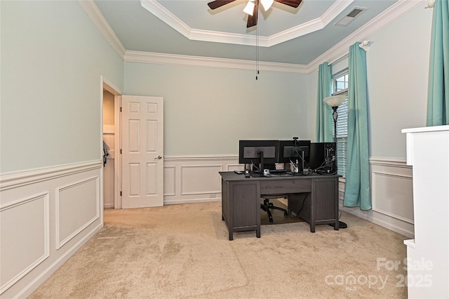 4018 Harmattan Dr, Denver, NC 28037 - home office featuring crown molding, carpet floors, a ceiling fan, wainscoting, and a decorative wall