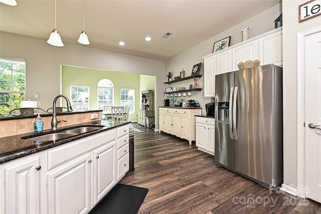 4018 Harmattan Dr, Denver, NC 28037 - kitchen with stainless steel refrigerator with ice dispenser, a sink, recessed lighting, dark wood-type flooring, and open shelves