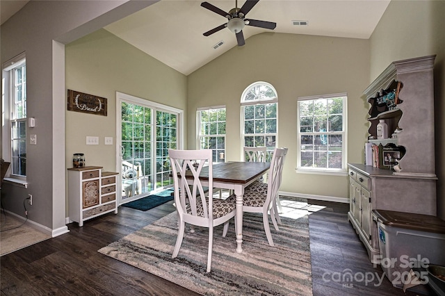 4018 Harmattan Dr, Denver, NC 28037 - dining space with a ceiling fan, dark wood-style floors, baseboards, and high vaulted ceiling