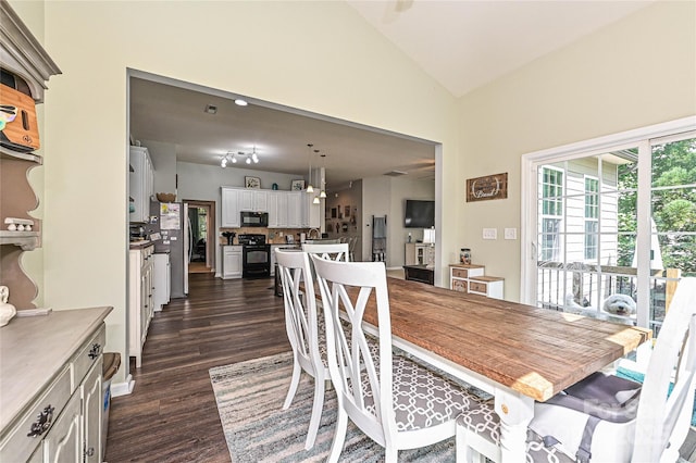 4018 Harmattan Dr, Denver, NC 28037 - dining room featuring dark wood-style floors and high vaulted ceiling