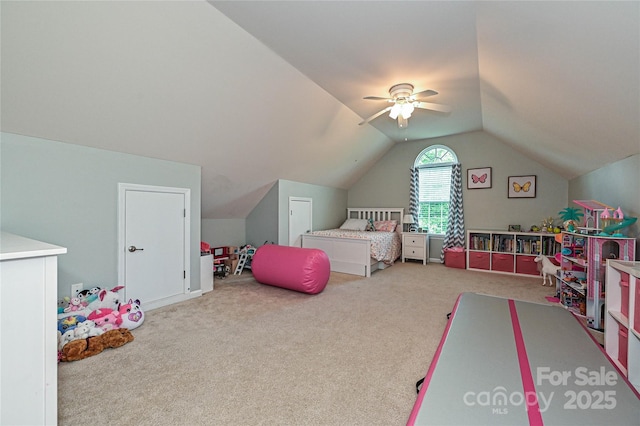 4018 Harmattan Dr, Denver, NC 28037 - carpeted bedroom featuring vaulted ceiling and a ceiling fan