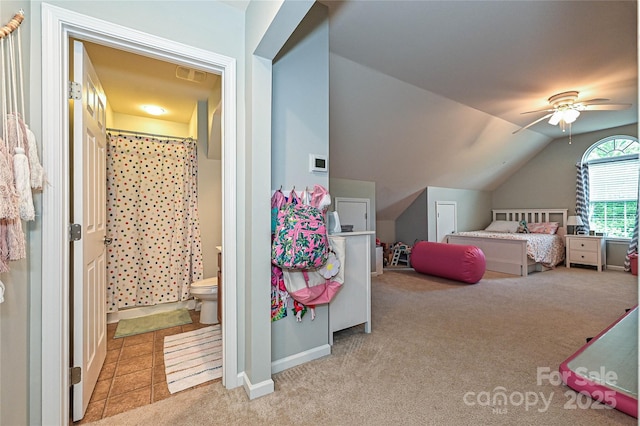 4018 Harmattan Dr, Denver, NC 28037 - bedroom with carpet flooring, lofted ceiling, ensuite bath, and ceiling fan
