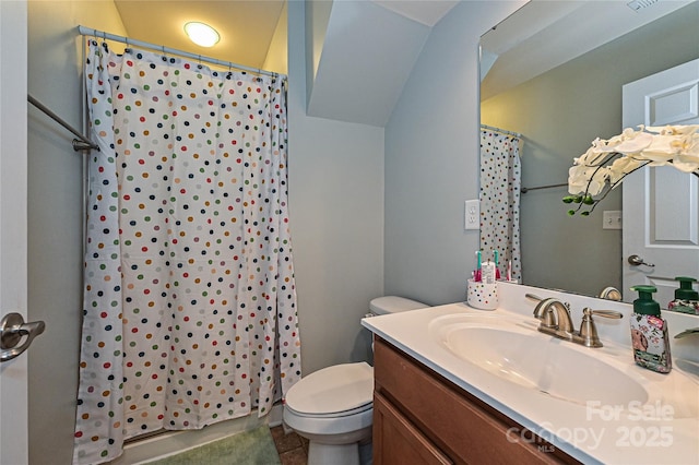 4018 Harmattan Dr, Denver, NC 28037 - bathroom with vanity, toilet, a shower with shower curtain, and tile patterned flooring