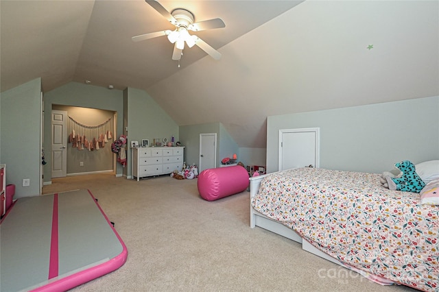 4018 Harmattan Dr, Denver, NC 28037 - carpeted bedroom with lofted ceiling and a ceiling fan