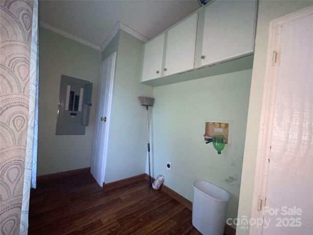 3103 Blue Ridge Dr, Shelby, NC 28150 - laundry room featuring electric panel, ornamental molding, dark wood-style floors, electric dryer hookup, and baseboards